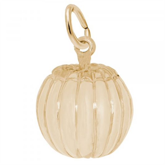The Rembrandt Charms Pumpkin Charm in gold plated sterling silver features a textured, pumpkin-shaped design with vertical ridges for a realistic appearance and a smooth loop at the top for easy attachment to a chain or bracelet. The polished metal surface provides it with a shiny, refined look.