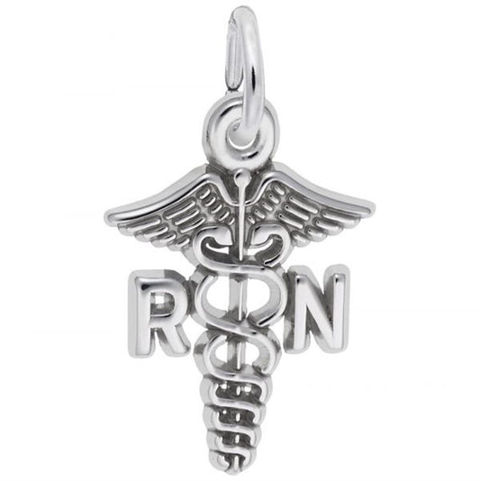 A Rembrandt Charms RN Caduceus Charm / Sterling Silver featuring the Caduceus symbol with two wings at the top and two snakes entwined around a rod. The letters "R" and "N" are on either side of the rod, representing a registered nurse.