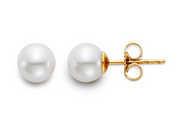A pair of Mastoloni Pearls 6-6.5MM EAR "A" 14K YG earrings is displayed, one showcasing the lustrous pearl and the other revealing the elegant gold post and butterfly clutch. The earrings feature a round, white pearl set in a luxurious 14K yellow gold stud against a pristine white background.
