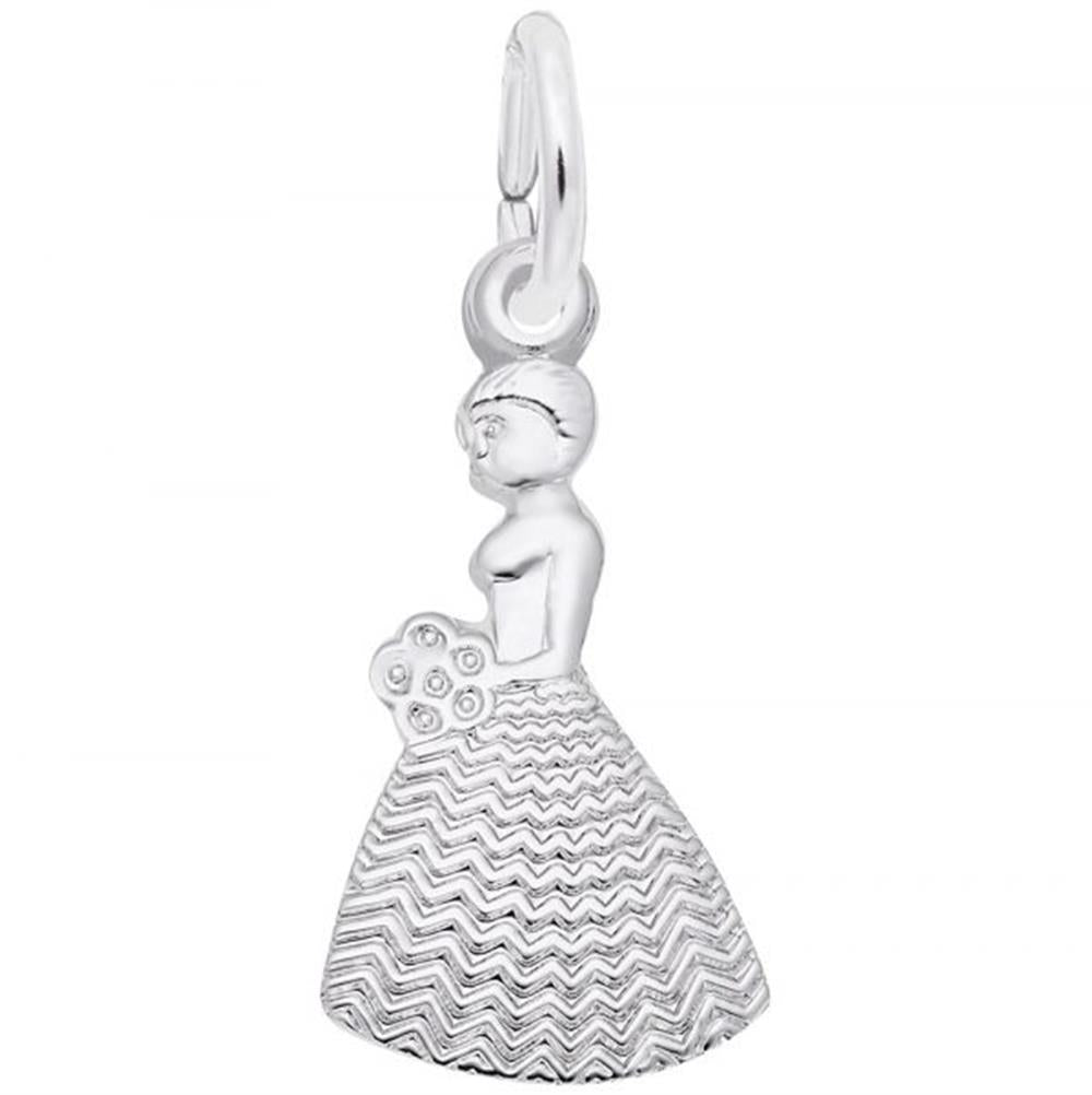 The Bridesmaid Charm by Rembrandt Charms is a sterling silver pendant shaped like a person in profile. The figure boasts intricate detailing, including a zigzag-patterned dress and a small bouquet of flowers held at its side. Perfect for use as a bridesmaid charm, the pendant features a loop at the top for easy attachment to a chain or bracelet.