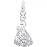 The Bridesmaid Charm by Rembrandt Charms is a sterling silver pendant shaped like a person in profile. The figure boasts intricate detailing, including a zigzag-patterned dress and a small bouquet of flowers held at its side. Perfect for use as a bridesmaid charm, the pendant features a loop at the top for easy attachment to a chain or bracelet.