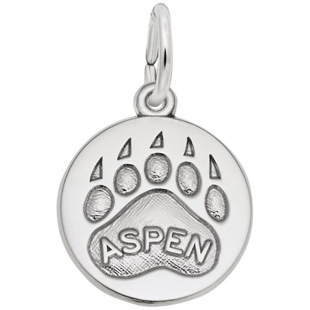 'Sterling silver charm featuring an Aspen bear paw print design. Style 1602, 0.59 in x 0.59 in (15 mm x 15 mm).'