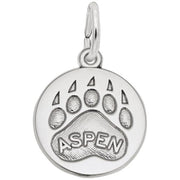 'Sterling silver charm featuring an Aspen bear paw print design. Style 1602, 0.59 in x 0.59 in (15 mm x 15 mm).'