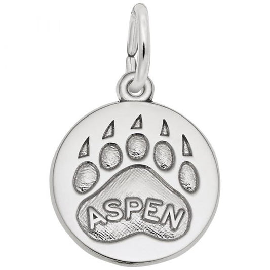 'Sterling silver charm featuring an Aspen bear paw print design. Style 1602, 0.59 in x 0.59 in (15 mm x 15 mm).'