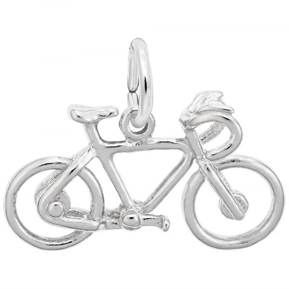 Introducing the Bicycle Charm in Sterling Silver by Rembrandt Charms, featuring intricate details such as two wheels, a frame, handlebars, and a seat. Ideal for cycling enthusiasts, this charm includes a small loop at the top for easy attachment to a bracelet or necklace.