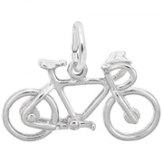 Introducing the Bicycle Charm in Sterling Silver by Rembrandt Charms, featuring intricate details such as two wheels, a frame, handlebars, and a seat. Ideal for cycling enthusiasts, this charm includes a small loop at the top for easy attachment to a bracelet or necklace.