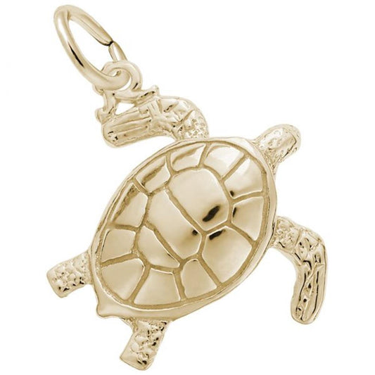 The Sea Turtle Charm from Rembrandt Charms is crafted from gold plated sterling silver and features a detailed shell and textured limbs. Attached to a small loop, this polished pendant is perfect for either a necklace or bracelet.