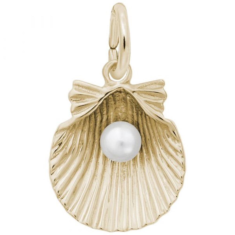 The Rembrandt Charms Clamshell with Pearl Charm in gold-plated sterling silver features a textured shell design with a white pearl center and a small loop for easy attachment to necklaces or bracelets.