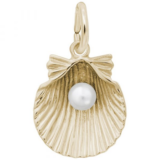 The Rembrandt Charms Clamshell with Pearl Charm in gold-plated sterling silver features a textured shell design with a white pearl center and a small loop for easy attachment to necklaces or bracelets.