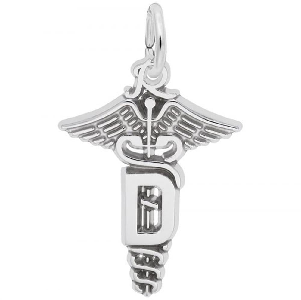 The Rembrandt Charms Dental Caduceus Charm in sterling silver features the iconic Dental Caduceus symbol with two wings at the top, two intertwined snakes around a rod, and a prominently displayed letter "D" below. The pendant includes a small loop at the top for easy attachment to a chain.