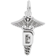 The Rembrandt Charms Dental Caduceus Charm in sterling silver features the iconic Dental Caduceus symbol with two wings at the top, two intertwined snakes around a rod, and a prominently displayed letter "D" below. The pendant includes a small loop at the top for easy attachment to a chain.