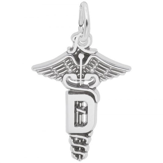The Rembrandt Charms Dental Caduceus Charm in sterling silver features the iconic Dental Caduceus symbol with two wings at the top, two intertwined snakes around a rod, and a prominently displayed letter "D" below. The pendant includes a small loop at the top for easy attachment to a chain.