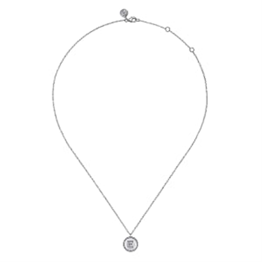 The 925 Sterling Silver Diamond Bujukan Initial E Necklace by Gabriel & Co features a thin chain with a small, circular pendant. Crafted from 925 sterling silver, the pendant showcases a detailed design with a square shape inside it and is adorned with a single, small gemstone. The necklace's simple and elegant design suggests it is intended for everyday wear.