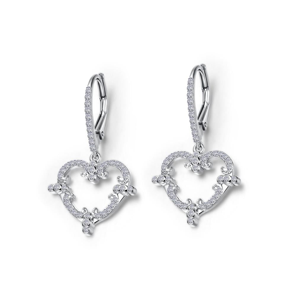 The Lafonn Filigree Heart Earrings are a pair of elegant, silver drop earrings featuring heart-shaped designs adorned with small, sparkling diamonds. These earrings showcase intricate filigree detailing, including delicate swirl patterns and tiny flowers, creating a sophisticated and refined look.