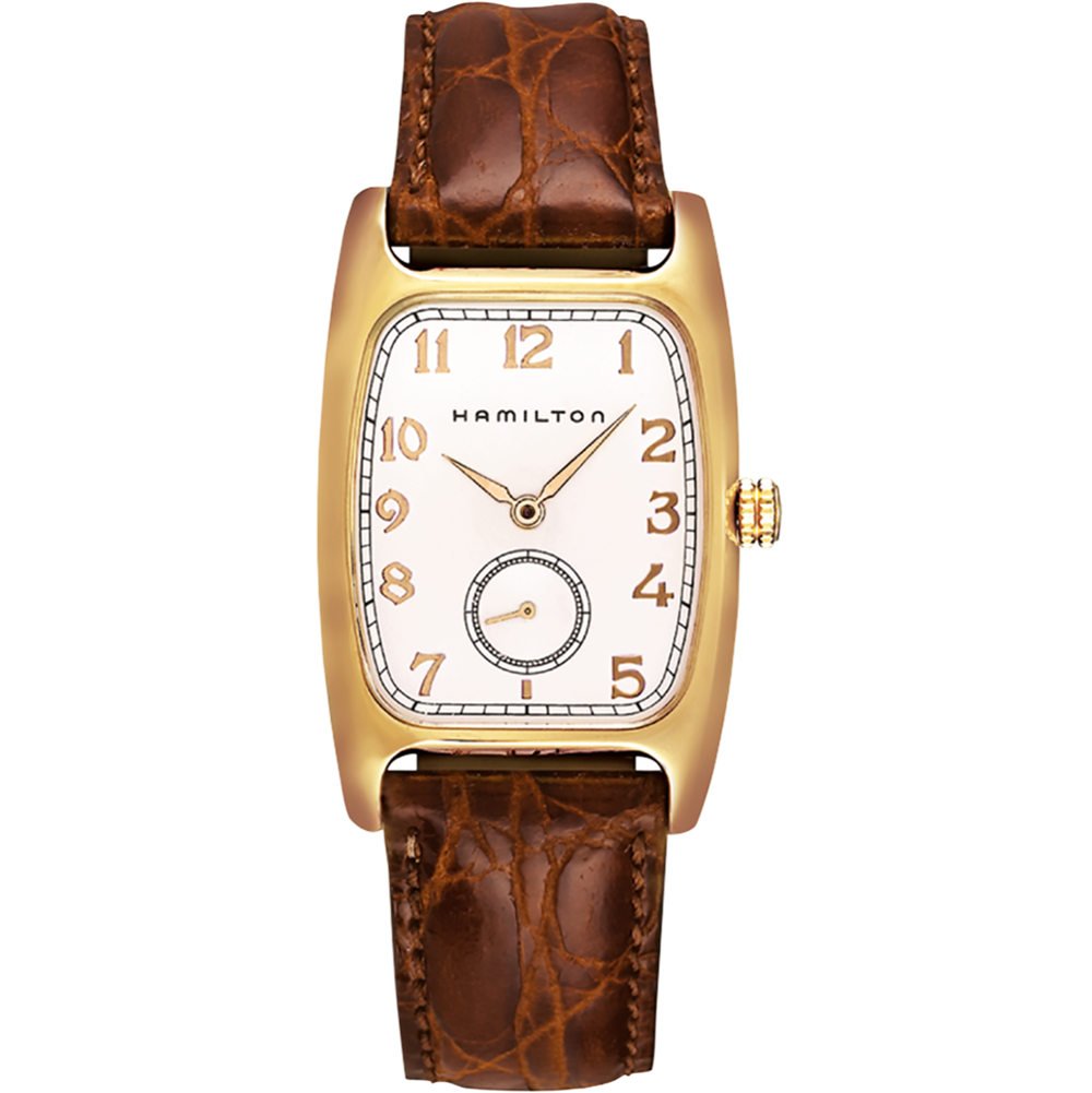 The Hamilton Boulton Quartz Watch features a rectangular, gold-toned case with a white dial and a brown crocodile-patterned leather strap. The dial includes Arabic numerals, gold-toned hour and minute hands, and a small seconds subdial at 6 o'clock. This American classic from Hamilton boasts Swiss accuracy.