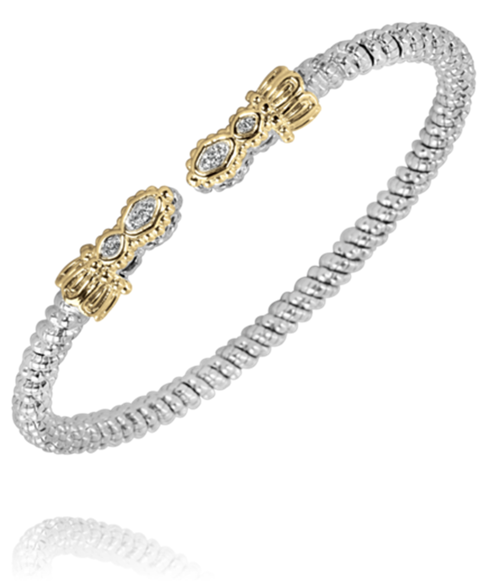 A 3 mm band sterling silver bracelet by Alwand Vahan Jewelry featuring a textured, woven design accented with 14k gold elements. The bracelet is showcased against a transparent background, emphasizing its intricate details and impressive craftsmanship. Note: This piece contains no diamond weight.