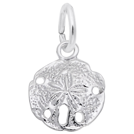 The Sand Dollar Small Charm by Rembrandt Charms is crafted from sterling silver, featuring intricate detailing with a central design that resembles a five-pointed star and small holes around the edges. This beautiful charm is equipped with a metal loop, making it perfect for adding to any bracelet or necklace.