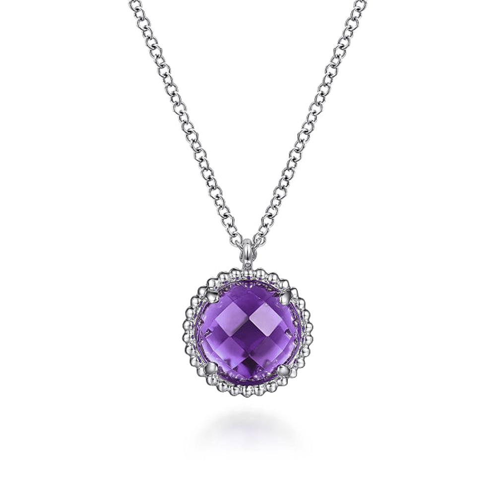 Introducing the Gabriel & Co 925 Sterling Silver Bujukan Amethyst Pendant Necklace (Serial No: S1) from the esteemed Bujukan Collection. This exquisite piece showcases a round, faceted Amethyst stone pendant, elegantly encased in an intricate 925 Sterling Silver setting, and gracefully suspended from a delicate silver chain. The design epitomizes elegance and refinement.