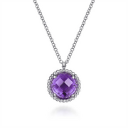Introducing the Gabriel & Co 925 Sterling Silver Bujukan Amethyst Pendant Necklace (Serial No: S1) from the esteemed Bujukan Collection. This exquisite piece showcases a round, faceted Amethyst stone pendant, elegantly encased in an intricate 925 Sterling Silver setting, and gracefully suspended from a delicate silver chain. The design epitomizes elegance and refinement.
