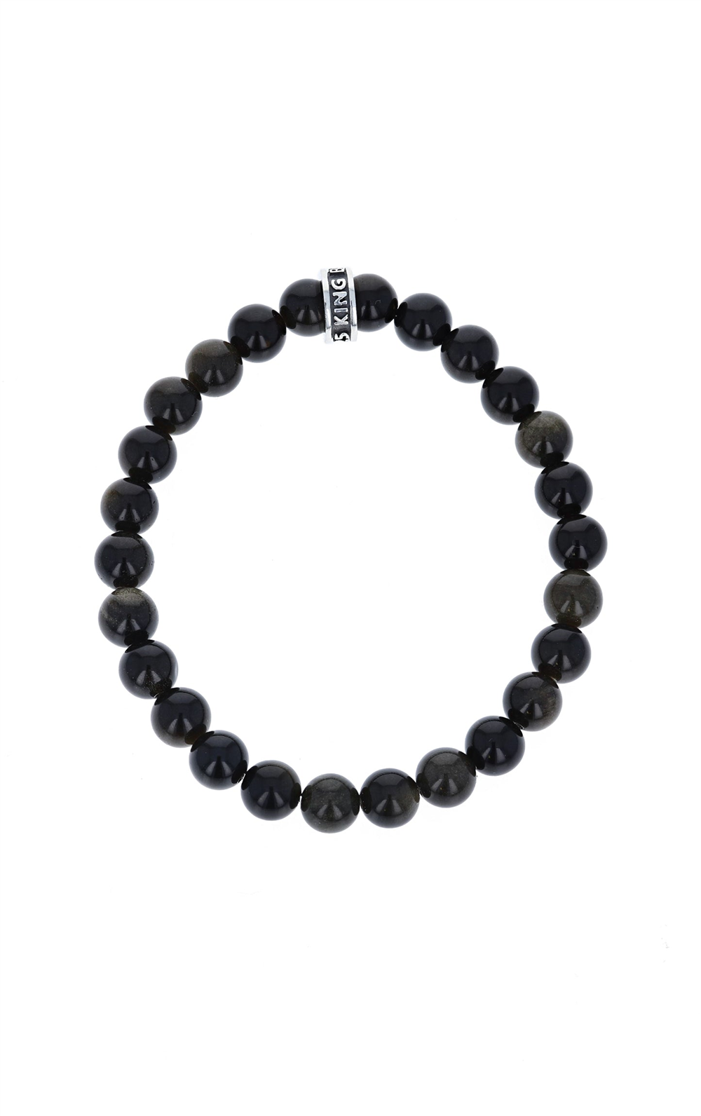 The King Baby 8mm black obsidian plain beaded bracelet features polished beads on elastic, showcasing elegance. A silver bead engraved with "SKKTCH" finishes the piece, arranged circularly against a white background for a striking display.