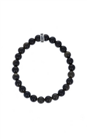 The King Baby 8mm black obsidian plain beaded bracelet features polished beads on elastic, showcasing elegance. A silver bead engraved with "SKKTCH" finishes the piece, arranged circularly against a white background for a striking display.