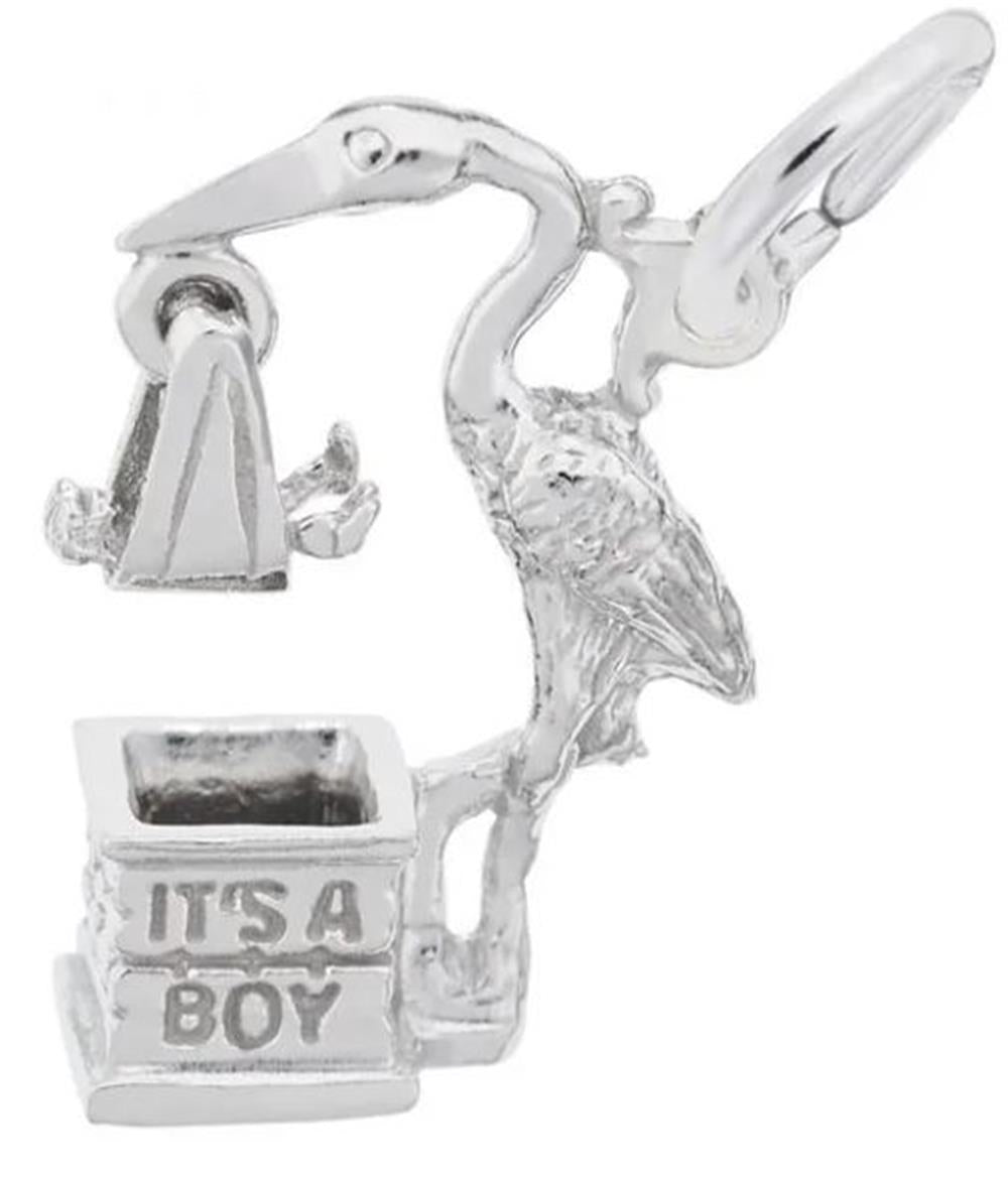 The "It's A Boy Stork" charm by Rembrandt Charms is a sterling silver piece depicting a stork in flight with open wings, carrying a baby cradle. The base is engraved with the text "IT'S A BOY," capturing intricate details of the stork's posture and texture. This charm adds timeless elegance to any jewelry collection.