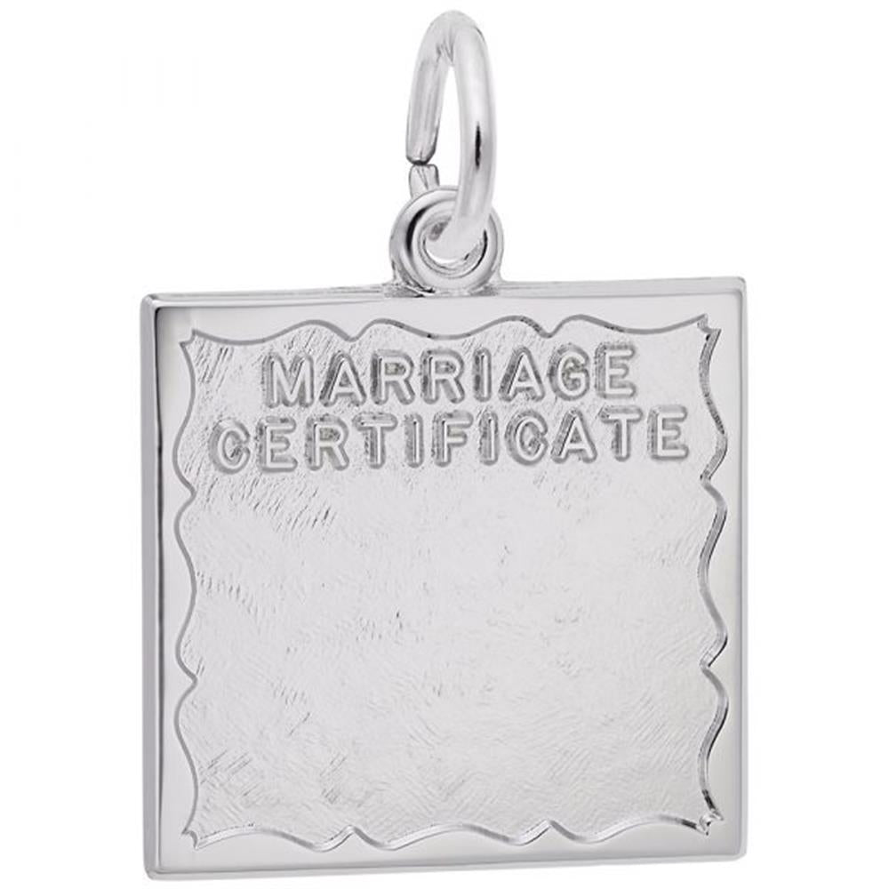 The Rembrandt Charms Marriage Certificate Charm in sterling silver is a square pendant featuring an engraved design that resembles a marriage certificate. At the top center, "MARRIAGE CERTIFICATE" is prominently displayed in uppercase letters. The pendant includes a loop for attaching it to a chain.