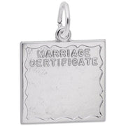 The Rembrandt Charms Marriage Certificate Charm in sterling silver is a square pendant featuring an engraved design that resembles a marriage certificate. At the top center, "MARRIAGE CERTIFICATE" is prominently displayed in uppercase letters. The pendant includes a loop for attaching it to a chain.