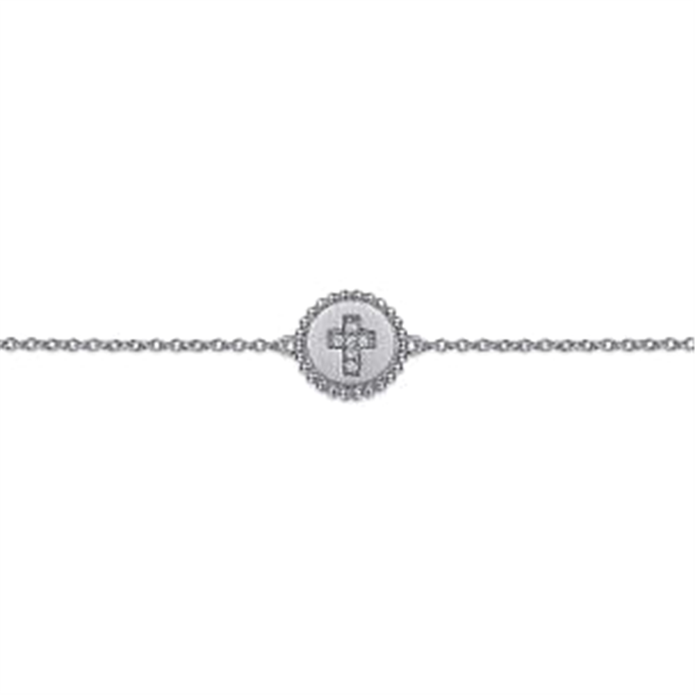 The Gabriel & Co 925 Sterling Silver Diamond Bujukan Cross Bracelet (Serial No: S1739) features a circular pendant with a beautifully crafted cross at its center, adorned with tiny crystals. Part of the distinguished Bujukan Collection, its delicate chain enhances both the elegance and religious significance of the pendant.