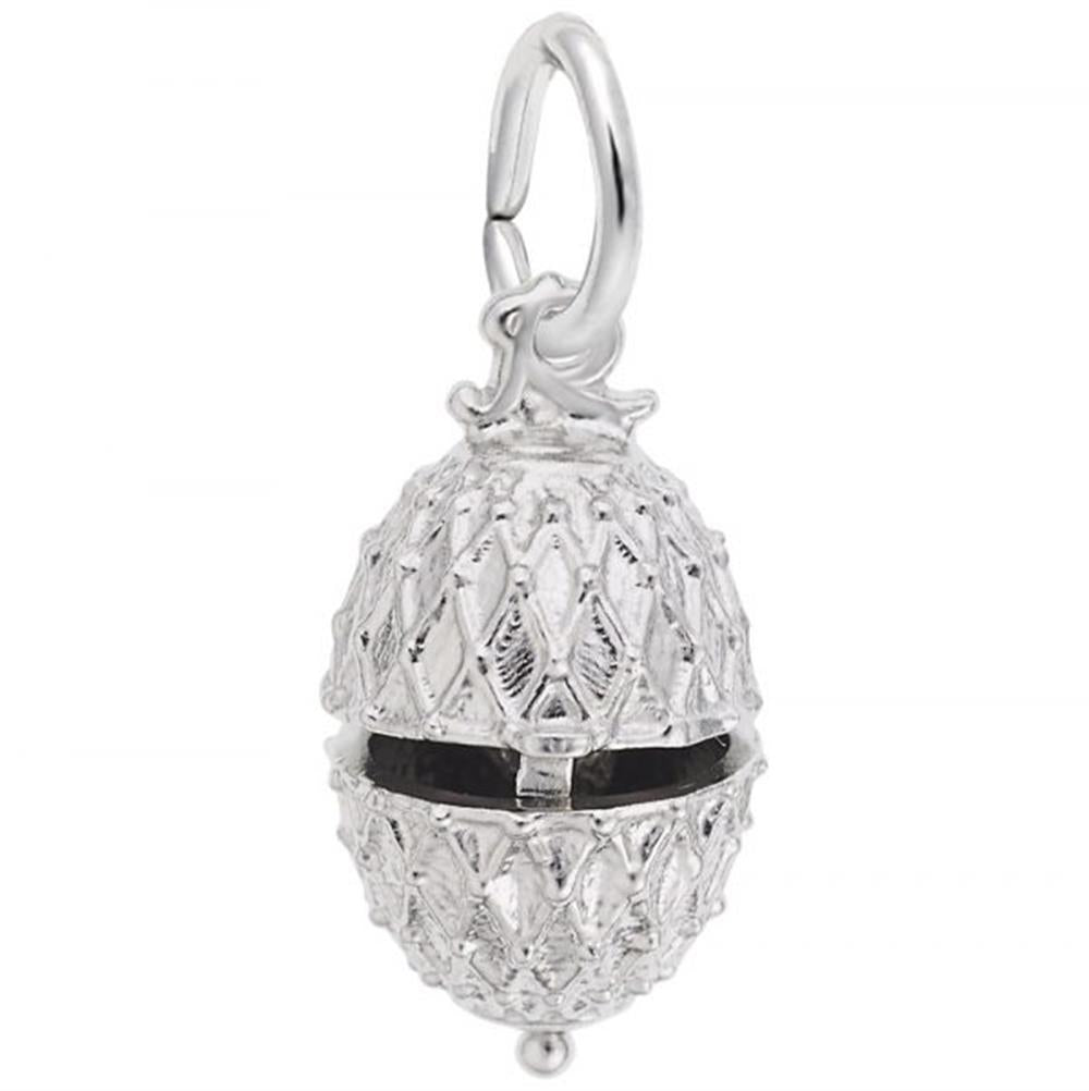 A detailed, silver egg-shaped pendant with a crisscross pattern and a black band around its middle, hangs from a small loop at the top. The intricate design gives this charming Rembrandt Charms' Easter Egg With Chick Charm in sterling silver a textured appearance.