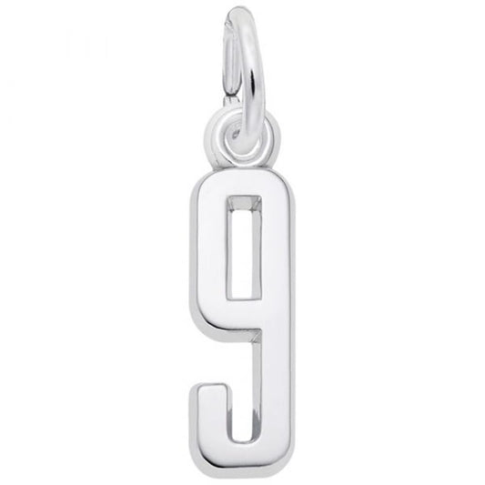 The Number 9 Charm by Rembrandt Charms is crafted from sterling silver and features a polished finish. This elegant charm includes a small loop at the top, making it easy to attach to either a necklace or bracelet. The sleek design of the pendant stands out beautifully against the plain white background.
