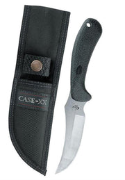 A sharp knife with a black textured handle, the Collins Black Synthetic Ridgeback Hunter W/ Sheath from W.R. Case & Sons Cutlery Co., comes complete with a sleek black sheath featuring a snap closure. The sheath, branded "CASE XX" in white and red lettering, perfectly encases the Black Synthetic Ridgeback Hunter. The blade has a partially serrated edge, ideal for various cutting tasks.
