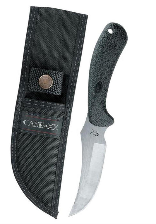 A sharp knife with a black textured handle, the Collins Black Synthetic Ridgeback Hunter W/ Sheath from W.R. Case & Sons Cutlery Co., comes complete with a sleek black sheath featuring a snap closure. The sheath, branded "CASE XX" in white and red lettering, perfectly encases the Black Synthetic Ridgeback Hunter. The blade has a partially serrated edge, ideal for various cutting tasks.