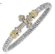 Introducing the Alwand Vahan Jewelry piece, a 4MM Closed Band bracelet featuring an intricate braided design and a striking cross centerpiece adorned with 0.10ct small diamonds and gold accents at the top and bottom of the cross. This exquisite bracelet is perfect for size B4 wrists (Product Code: 22994D04).