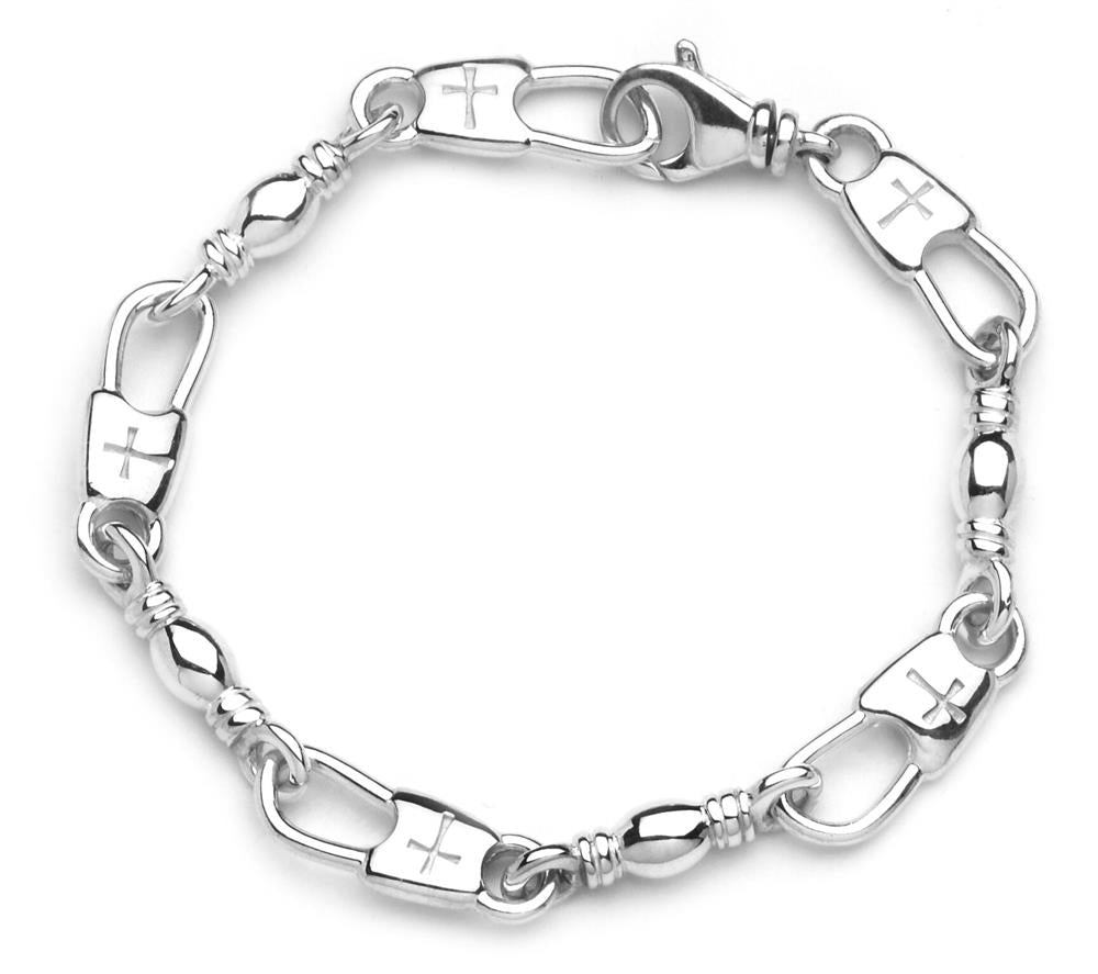 The Fisher of Men cross bracelet by Denali Pro Jewelers features an elegant design with alternating elongated and oval links. Each elongated link is intricately engraved with small crosses, while spherical accents adorn the connections between the links. Measuring 9.25 inches in length and 9mm in width, this silver bracelet ensures secure wear with a swivel lobster clasp.