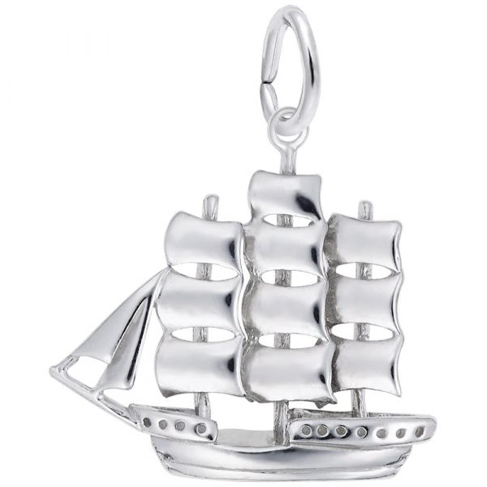 The Rembrandt Charms Sailboat Full Rigged Ship Charm in sterling silver is an exquisite piece featuring a traditional full-rigged ship design. It showcases three large sails on the main mast, smaller sails on the front mast, and intricate anchor detailing. The pendant is equipped with a loop at the top, making it easy to attach to a chain or bracelet.