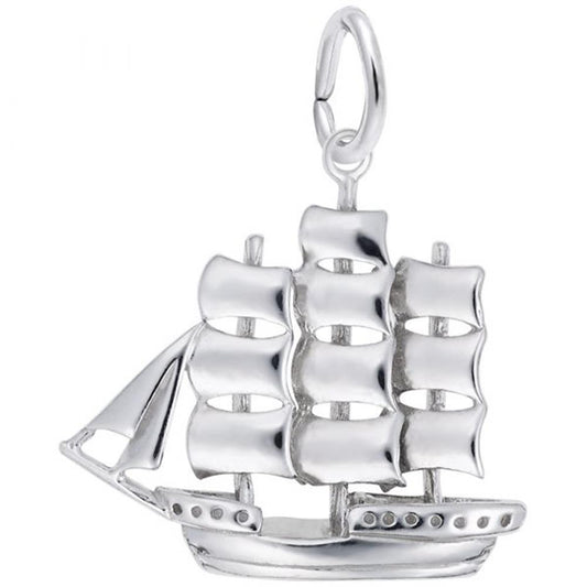 The Rembrandt Charms Sailboat Full Rigged Ship Charm in sterling silver is an exquisite piece featuring a traditional full-rigged ship design. It showcases three large sails on the main mast, smaller sails on the front mast, and intricate anchor detailing. The pendant is equipped with a loop at the top, making it easy to attach to a chain or bracelet.