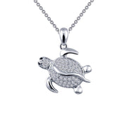 The Sea Turtle Pendant Necklace by Lafonn features a sterling silver chain adorned with a detailed, silver turtle-shaped pendant. Encrusted with small, simulated diamonds, the pendant showcases intricate details such as realistic flippers, a head, and a textured shell. This elegant design is both timeless and classic.