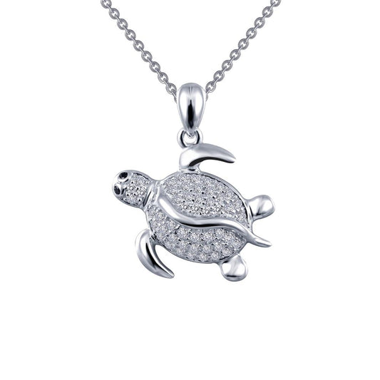The Sea Turtle Pendant Necklace by Lafonn features a sterling silver chain adorned with a detailed, silver turtle-shaped pendant. Encrusted with small, simulated diamonds, the pendant showcases intricate details such as realistic flippers, a head, and a textured shell. This elegant design is both timeless and classic.