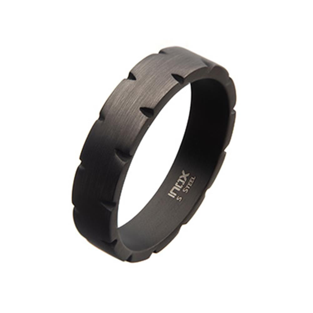 The INOX Men's Stainless Steel Matte Gunmetal Chiseled Band Ring, available in size 11, features a black gunmetal band made of stainless steel with a matte finish and a unique grooved design. The inner band is smooth and engraved with the text "INTAX S STEEL," boasting an industrial and modern aesthetic.