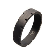 The INOX Men's Stainless Steel Matte Gunmetal Chiseled Band Ring, available in size 11, features a black gunmetal band made of stainless steel with a matte finish and a unique grooved design. The inner band is smooth and engraved with the text "INTAX S STEEL," boasting an industrial and modern aesthetic.