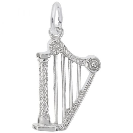 The Rembrandt Charms Harp Charm in sterling silver is exquisitely crafted with intricate details. This charm features a small loop at the top, making it perfect for attaching to a bracelet or necklace. The harp is adorned with Celtic knot designs along its frame, enhancing its ornate appearance.