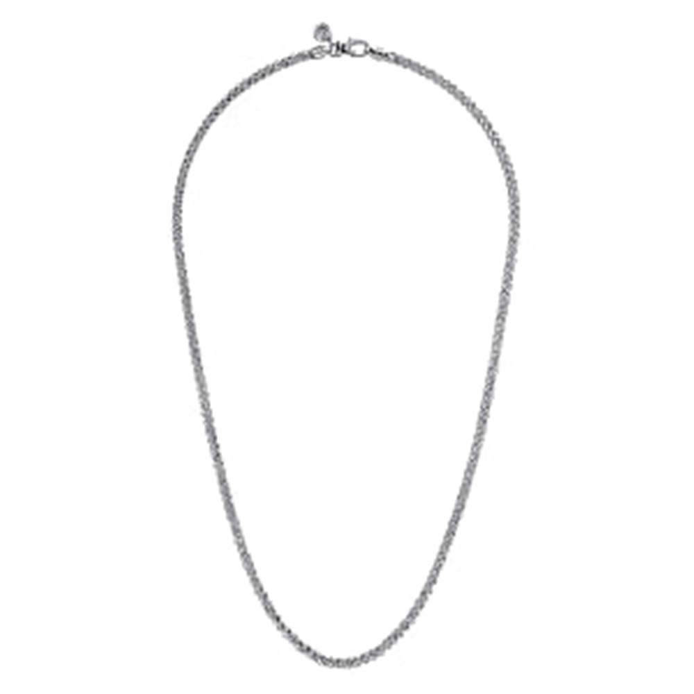 An image of the Sterling Silver Men's Wheat Chain Necklace | 22" by Gabriel & Co. The chain features a simplistic, interwoven link design and has a clasp closure at the top. Part of our Classic Collection, this men's jewelry piece is displayed against a plain white background.