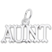 The image shows the Sterling Silver Aunt Charm from Rembrandt Charms. The charm features the word "AUNT" in bold, elegant letters, beautifully crafted from sterling silver. Its dimensions are 0.89 inches by 0.33 inches (22.62 mm by 8.39 mm), and the style number is 3275. This charm makes a perfect gift to celebrate and honor the special bond between you and your aunt