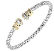 Introducing the Ladies .0600 Ctw Diamond Open Band Bracelet by Alwand Vahan Jewelry. This exquisite piece showcases a braided texture with 14 Kt gold-toned accents at each end. The decorative end caps are embellished with small, sparkling diamonds, adding a touch of elegance to the overall design.