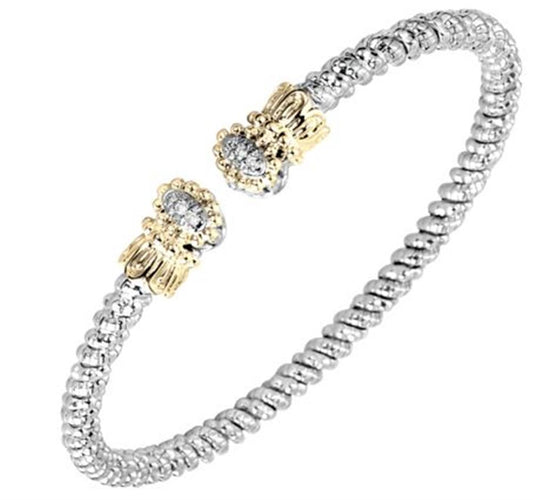 Introducing the Ladies .0600 Ctw Diamond Open Band Bracelet by Alwand Vahan Jewelry. This exquisite piece showcases a braided texture with 14 Kt gold-toned accents at each end. The decorative end caps are embellished with small, sparkling diamonds, adding a touch of elegance to the overall design.