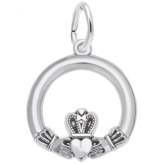 The Claddagh Charm by Rembrandt Charms is crafted in sterling silver, featuring two hands holding a crowned heart inside a circular frame and finished with a loop for easy attachment to a chain.