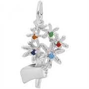 Introducing the Bouquet with Beads Charm from Rembrandt Charms, a sterling silver piece featuring a hand holding a bouquet of five flowers. Each flower is adorned with colored beads in vibrant red, orange, green, blue, and purple centers. The charm is designed with a loop at the top for easy attachment to your favorite necklace or bracelet.