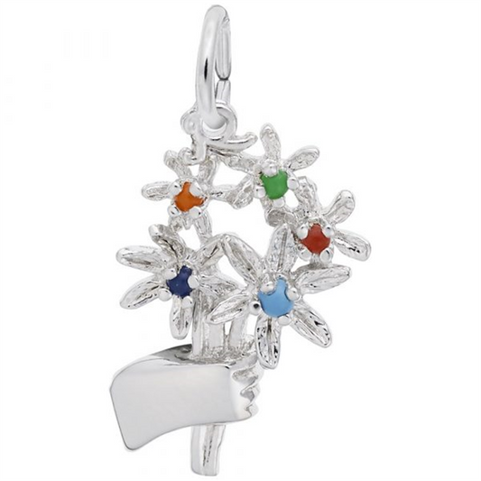 Introducing the Bouquet with Beads Charm from Rembrandt Charms, a sterling silver piece featuring a hand holding a bouquet of five flowers. Each flower is adorned with colored beads in vibrant red, orange, green, blue, and purple centers. The charm is designed with a loop at the top for easy attachment to your favorite necklace or bracelet.