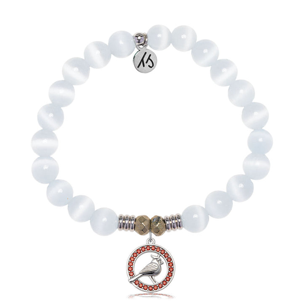T Jazelle's White Cats Eye Gemstone Bracelet features a sterling silver charm with a garnet cardinal in a red gem circle, metallic spacers, and an engraved disc.